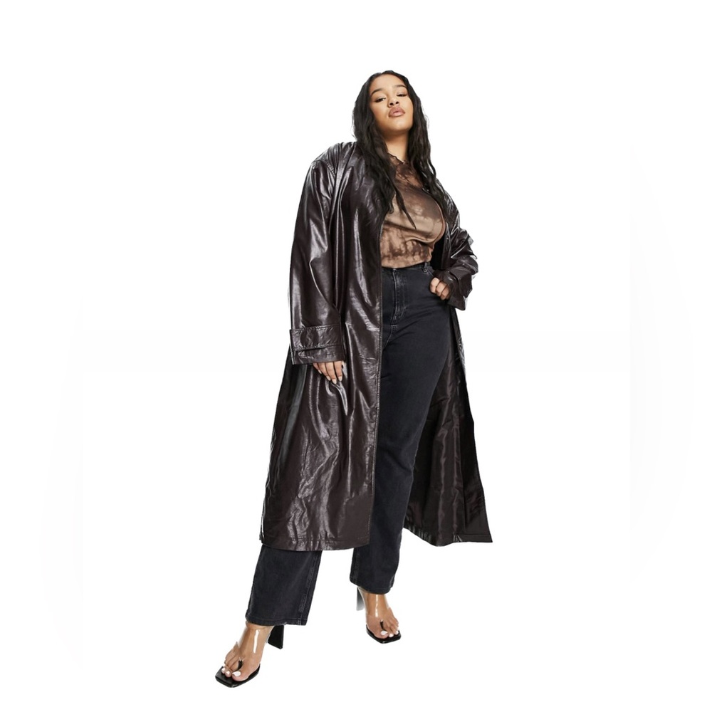 ASOS CURVE crinkle faux leather trench coat in oxblood (SIZE 20)